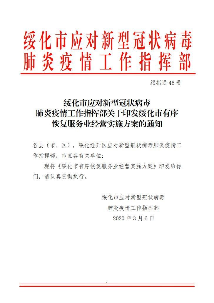 绥指通46号｜关于印发绥化市有序恢复服务业经营实施方案的通知